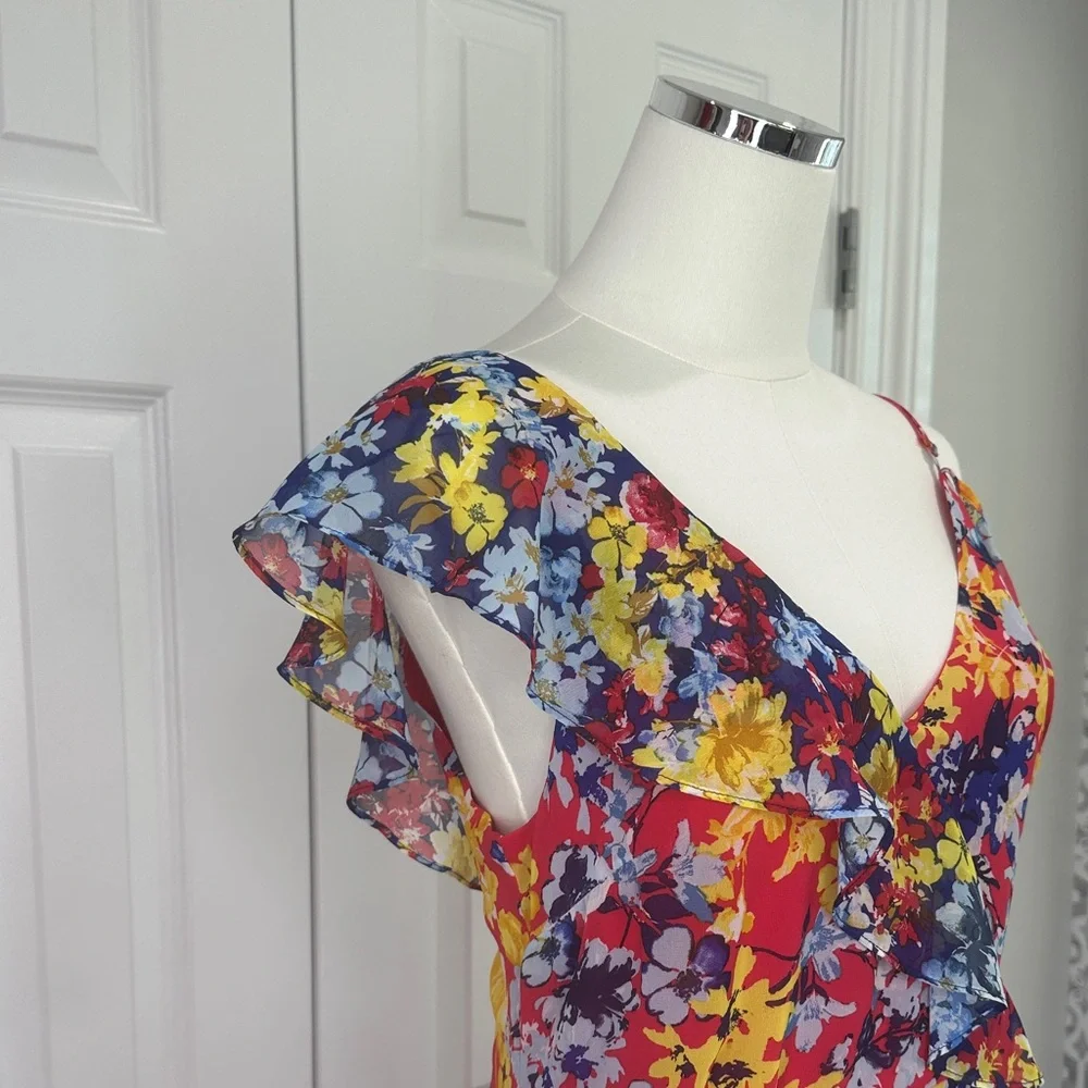 Lulus Ruby Red One Shoulder Boho Wedding Guest Floral Vacation Maxi Dress Size M - Picture 6 of 17